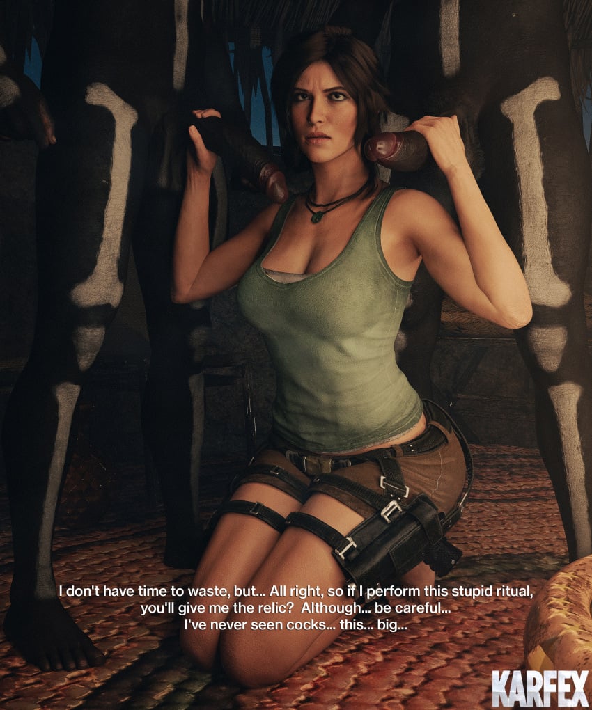 1girls 2boys 3d brown_eyes brown_hair dark-skinned_male double_handjob hand_on_penis handjob hotpants huge_cock interracial karfex kneeling lara_croft medium_breasts tank_top text tomb_raider tribal