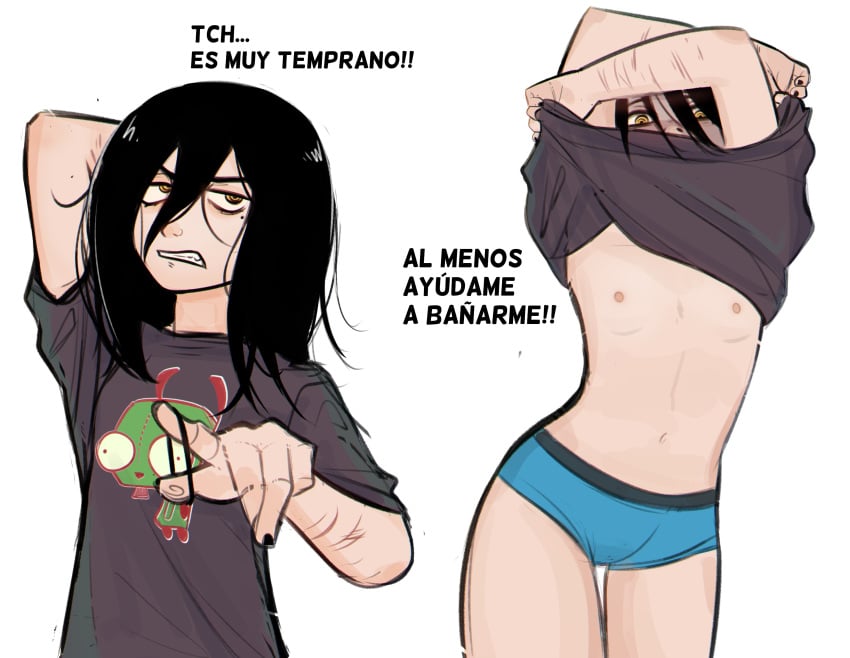 1girl bags_under_eyes black_hair black_nails black_shirt blue_panties bulge chainsaw_man clenched_teeth clothes_lift clothing female flat_chest grey_shirt hair_between_eyes long_hair looking_at_viewer mole mole_under_eye multiple_views navel nayuta_(chainsaw_man) nipples panties pointing pointing_at_viewer ringed_eyes shirt shirt_lift simple_background skinny spanish_text t-shirt teeth underwear undressing white_background zero_dead_zone