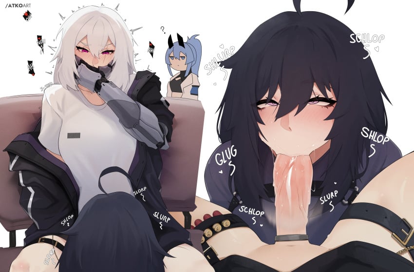 3girls absurdres ahoge black_jacket blue_eyes blue_hair blush breasts character_request cross-eyed double-parted_bangs fellatio futa_with_female futanari hair_between_eyes highres horns huge_ahoge jacket long_hair looking_at_another mechanical_arms medium_breasts medium_hair multiple_girls multiple_views oral penis pink_eyes red_eyes saki_(the_atko) saliva scar scar_across_eye scar_on_face simple_background sitting sound_effects the_atko thigh_strap veins veiny_penis white_background white_hair wispy_bangs