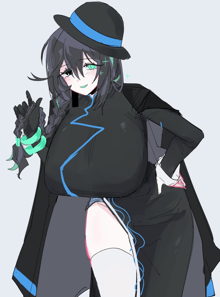 1girls artist_request braided_hair breasts breasts_bigger_than_head cinq_association_(identity)_(project_moon) cinq_association_east_uniform female genderswap genderswap_(mtf) hair hand_on_hip hat heterochromia hong_lu_(limbus_company) huge_breasts hyper hyper_breasts limbus_company long_hair looking_at_viewer project_moon rings rule_63 smile smiling smiling_at_viewer