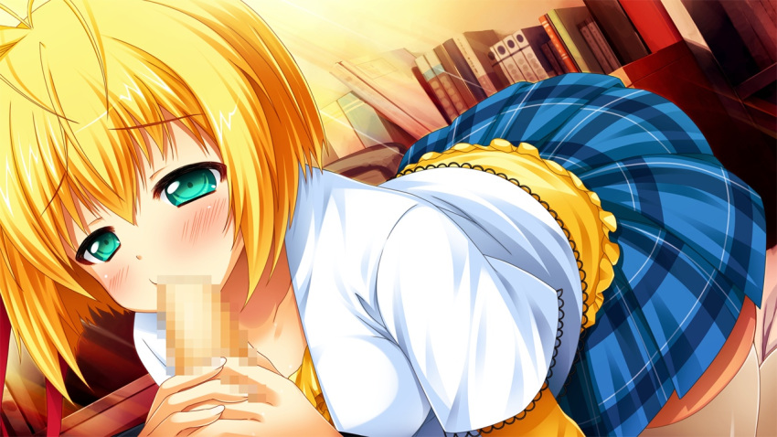 bed blonde_hair blush book censored erection fellatio female game_cg green_eyes highres hitotsu_tobashi_ren'ai kneeling looking_at_viewer lying oral penis short_hair skirt sunlight white_legwear