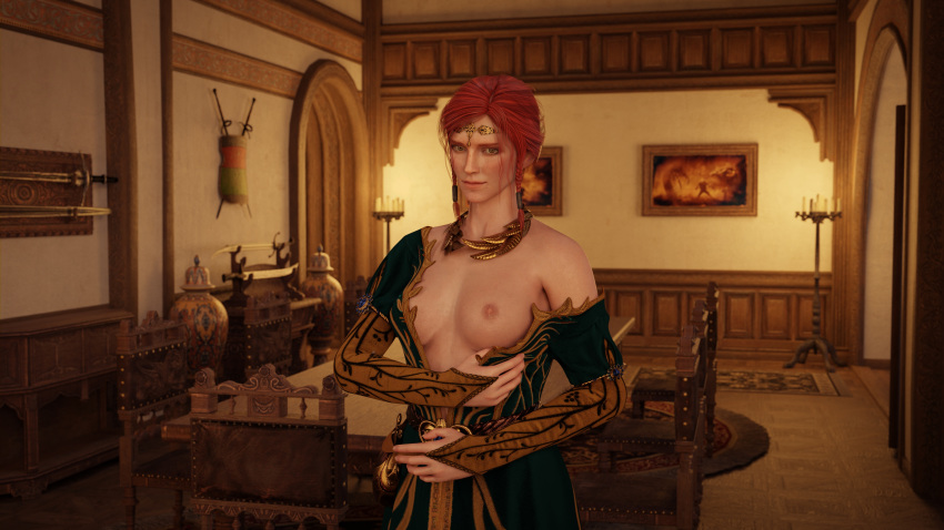 1girls 3d alternate_costume areolae braids breast_out breasts cd_projekt_red female female_only highres looking_at_viewer necklace nipples nodern03 partially_clothed pigtails red_hair solo the_witcher the_witcher_(series) the_witcher_2 the_witcher_3:_wild_hunt triss_merigold undressing yellow_eyes