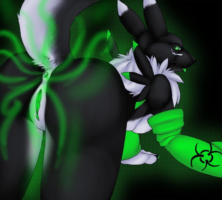 acidrenamon acidrenamon_(artist) alternate_color anal_vore anthro anus arm_gloves armwear ass bandai bent_over biohazard_symbol black_background black_fur black_nose black_skin breasts canine claws digimon fan_character fart fart_cloud female flatus fluffy fox fur furry gloves glow green_anus green_background green_eyes green_fur green_pussy green_skin green_tongue happy hi_res japanese looking_at_viewer looking_back micro onomatopoeia plain_background pointy_ears presenting presenting_hindquarters pussy renamon sideboob skin smell smile solo tongue tongue_out video_games vore vulpine white_fur