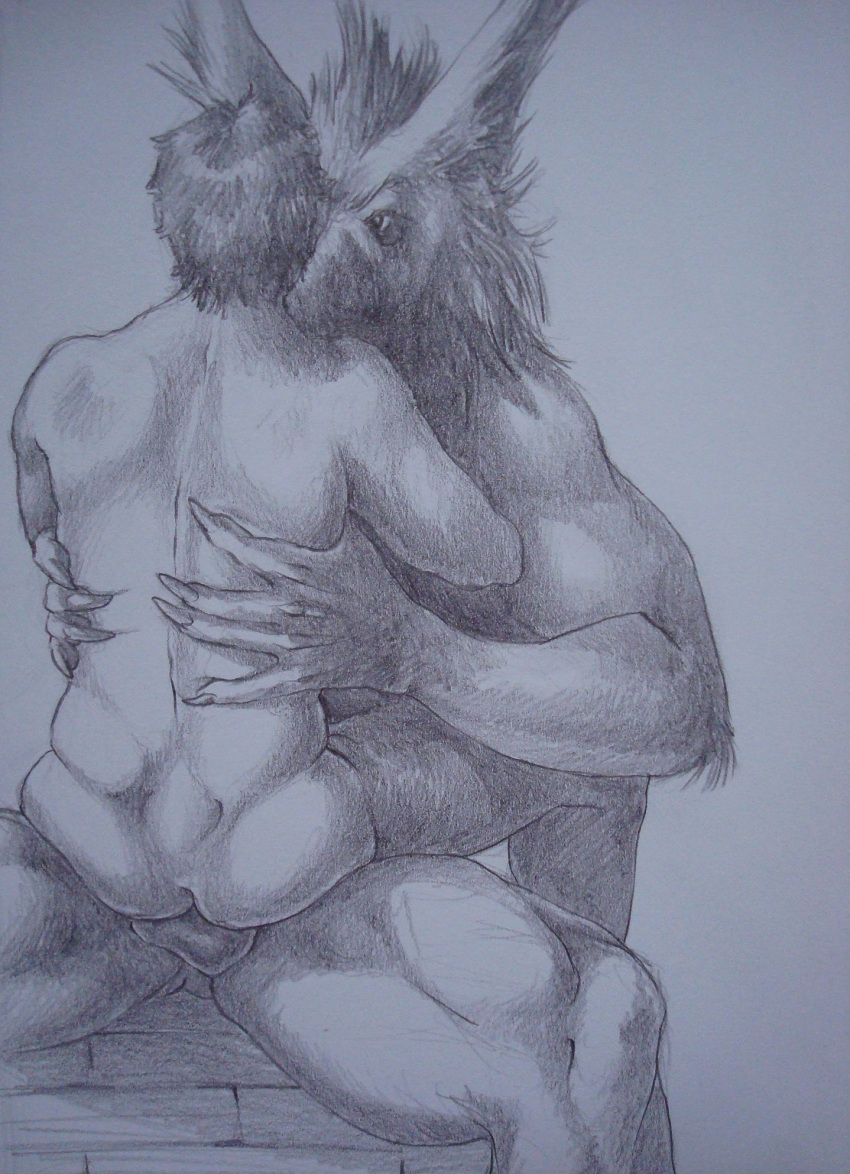 anal anthro canine fur furry gay grab held human interspecies male monochrome monster_on_male plain_background seated sex sinistervibe size_difference traditional_media werewolf