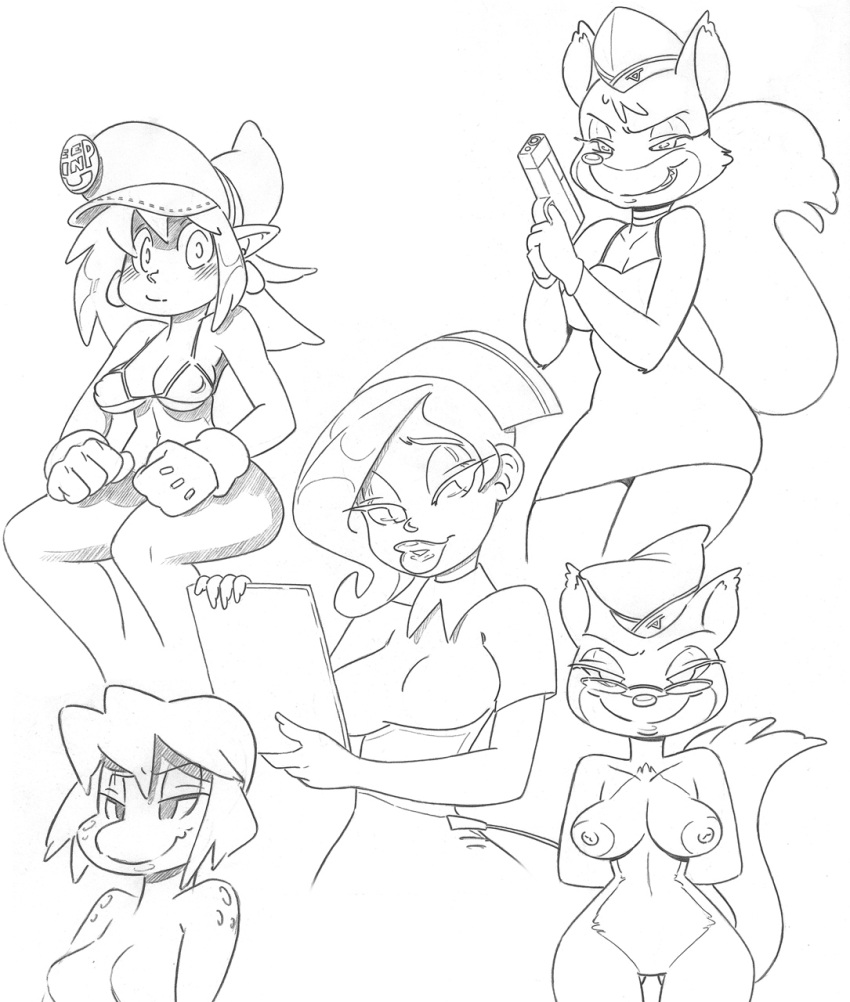 animaniacs anthro areola big-e6 breasts canine character_request erect_nipples eyewear female fox furry glasses grin gun hello_nurse human lipstick looking_at_viewer lt._fox_vixen monochrome navel nipples nude nurse ranged_weapon smile squirrel_and_hedgehog tagme weapon