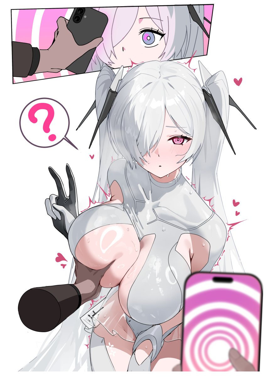 1boy ? @_@ absurdres armpit_cutout blush bodysuit breasts cellphone cinderella_(nikke) cleavage clothing_cutout commander_(nikke) female gloves goddess_of_victory:_nikke grey_bodysuit hair_ornament hair_over_one_eye heart highres holding holding_phone hypnosis hypnosis_app large_breasts long_hair looking_at_phone looking_at_viewer mind_control one_eye_covered phone pov purple_eyes see-through_bodysuit see-through_clothes see-through_skirt shiny_eyes simple_background skirt smartphone solo_focus spoken_question_mark stomach_cutout straight tanuking twintails v very_long_hair white_background white_gloves white_hair