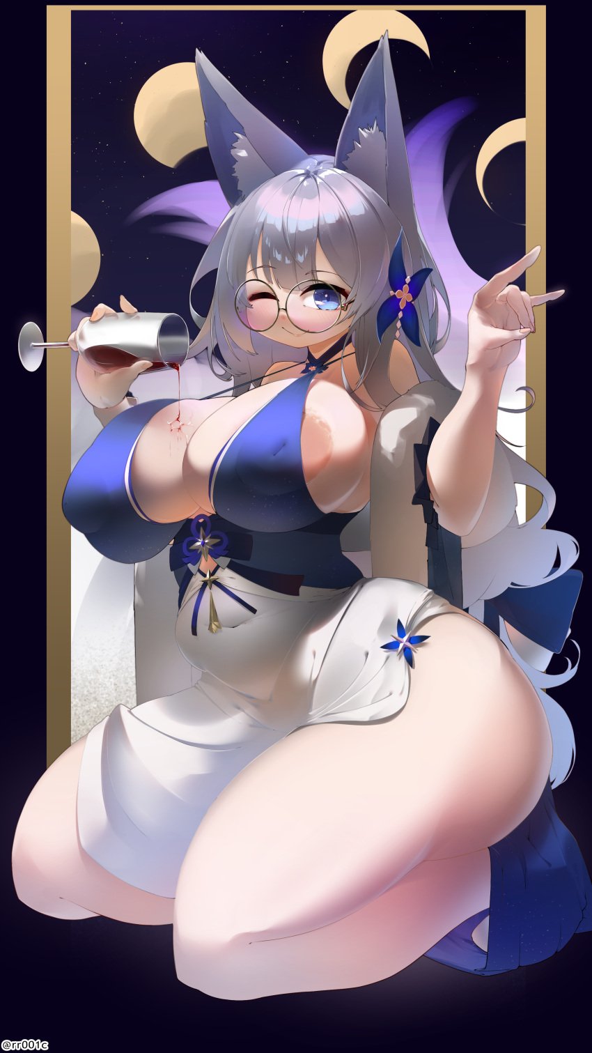 2023 alcohol alternate_body_type alternate_costume animal_ears areola_slip azur_lane bare_shoulders blue_dress blue_eyes breasts covered_erect_nipples covered_navel crr001 cup dress drinking_glass evening_gown female fox_ears fox_girl fox_shadow_puppet fox_tail gradient_tail half_moon halter_dress halterneck huge_breasts kneeling large_ears moon multiple_tails night night_sky one_eye_closed plump pouring pouring_onto_self purple_tail shinano_(azur_lane) sideboob sky smile tail thick_thighs thighs two-tone_dress white_dress white_tail wine wine_glass wink