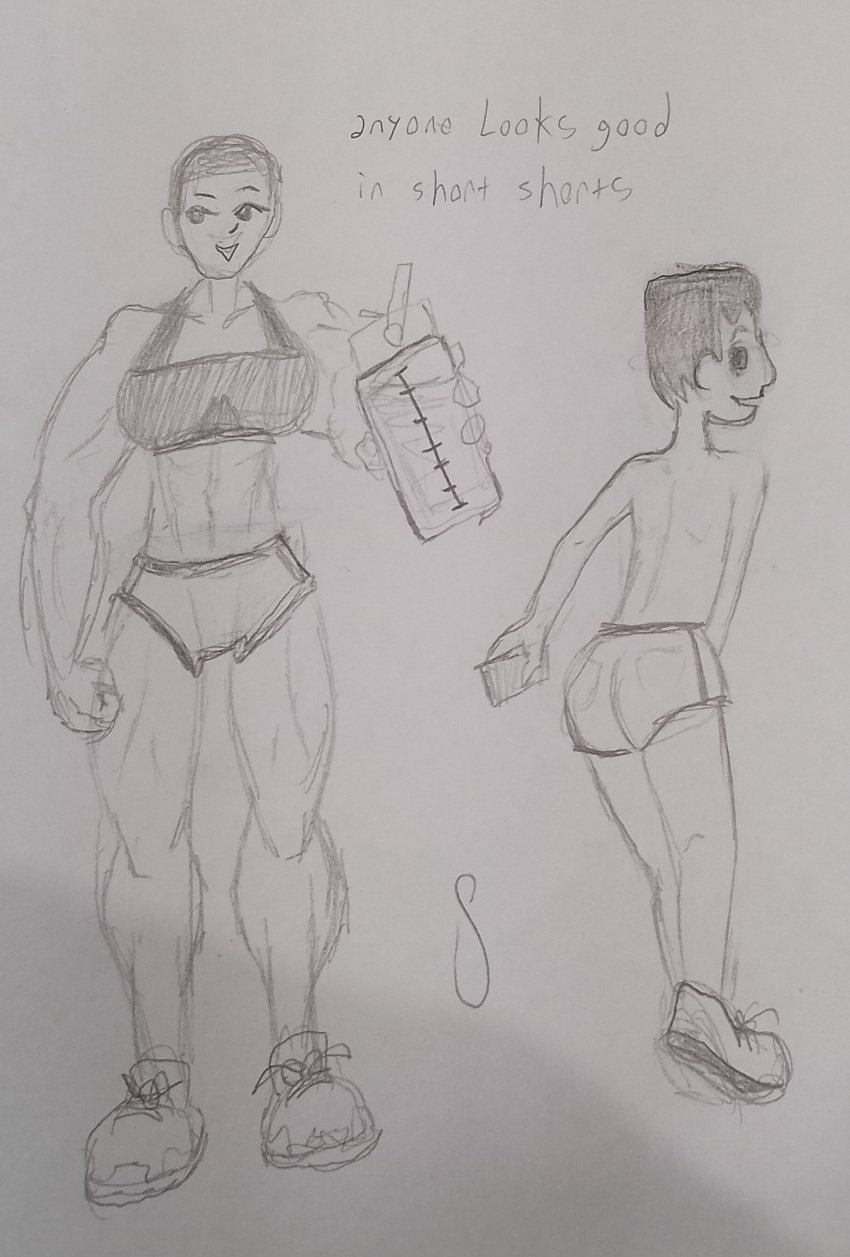 blue_(sandiestlittlefella) both_sexes_in_same_situation gym_uniform holding_water_bottle muscular_female paper_drawing rear_view sandiestlittlefella short_shorts traditional_art traditional_drawing_(artwork) traditional_media traditional_media_(artwork) twink water_bottle