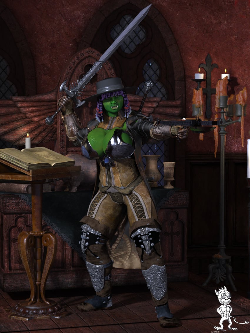 armor big_breasts candle candles chup@cabra crossbow dungeons_and_dragons female green_skin hat holding_object holding_ranged_weapon holding_sword holding_weapon huge_breasts indoors inside leather_armor melee_weapon orc orc_female pathfinder ranged_weapon solo solo_female sword weapon