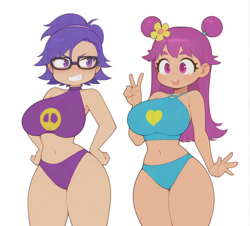 2girls ai_assisted ai_generated alternate_version_available ami_onuki bikini breasts cartoon_network female female_only flower flower_in_hair hand_on_hip hi_hi_puffy_amiyumi standing sunglasses sunglasses_on_head swimsuit taller yumi_yoshimura