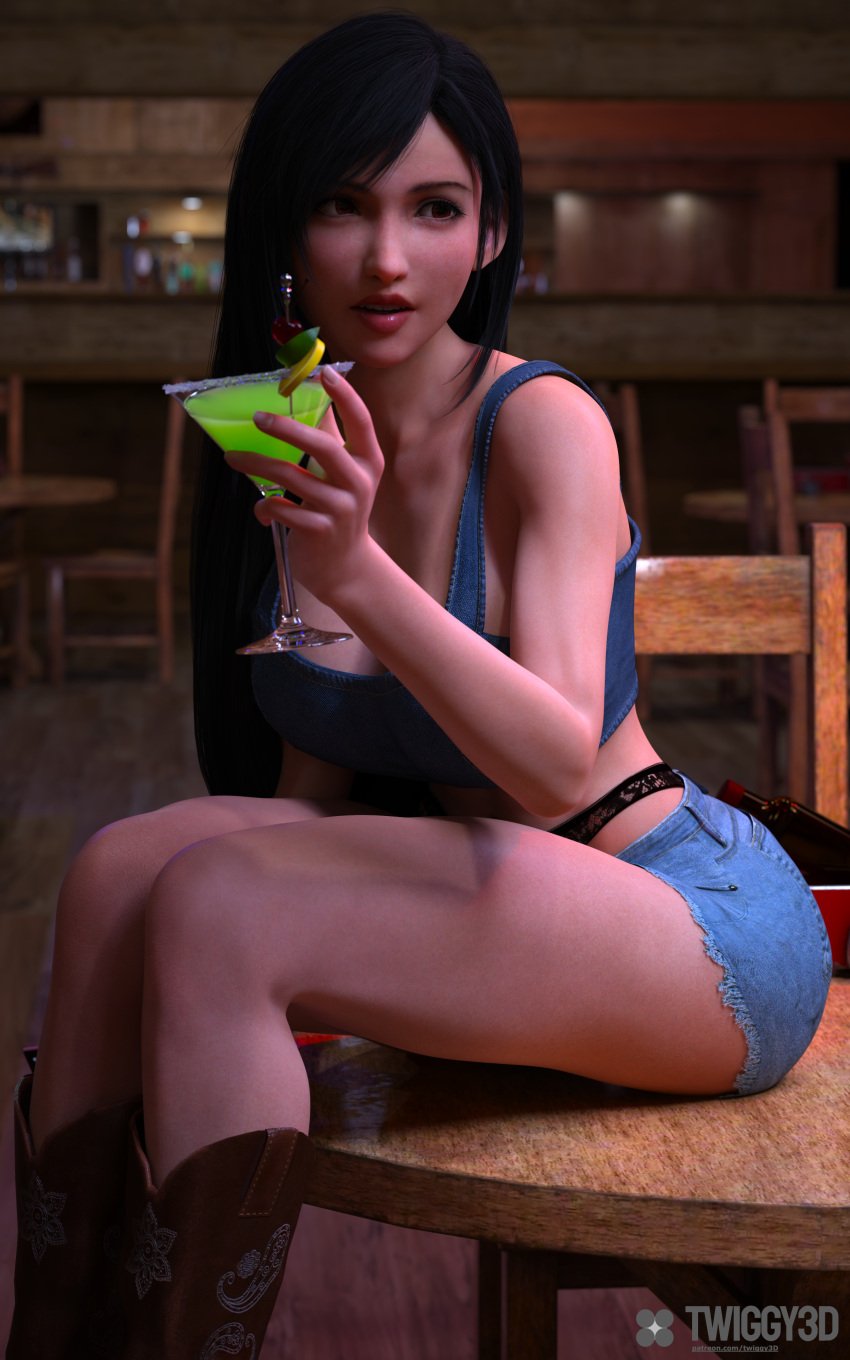 big_ass big_breasts brown_hair camisole cleavage cowboy_boots denim denim_shorts drinking final_fantasy final_fantasy_vii final_fantasy_vii_remake fit fit_female huge_breasts jean_shorts jeans large_breasts long_hair long_legs massive_breasts sitting sitting_on_table table tank_top tifa_lockhart toned toned_female twiggy3d