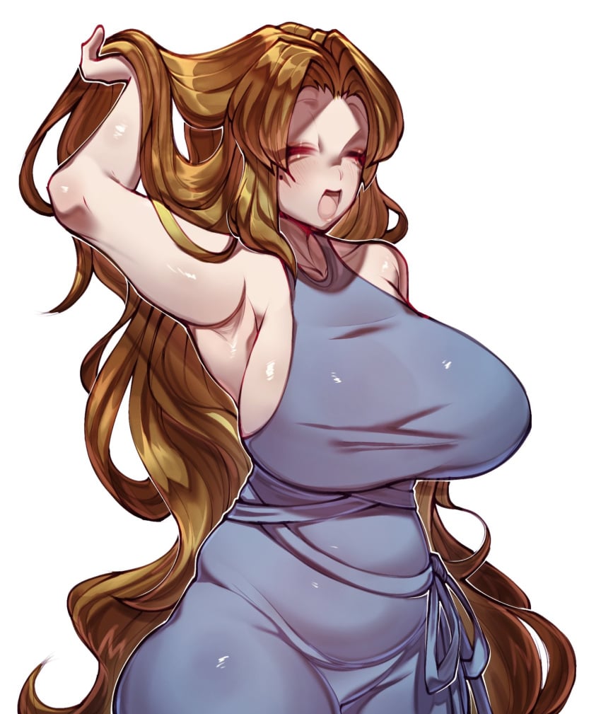 1girls armpits arms_behind_head arms_up belly_bulge big_ass big_breasts blue_dress brown_hair chubby chubby_female closed_eyes dress fat_ass fat_belly fat_breasts happy limbus_company long_hair mole_under_eye project_moon renata11033 ribbon rodion_(limbus_company) sideboob solo_female white_skin