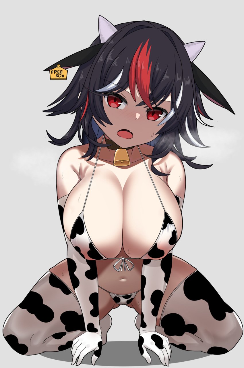 black_hair cleavage collar cow_print cow_print_armwear cow_print_bikini cow_print_thighhighs cowbell female female_only horns huge_breasts red_eyes red_streak revealing_clothes seija_kijin skimpy_clothes stockings streaked_hair tagme touhou white_streak zawapirori