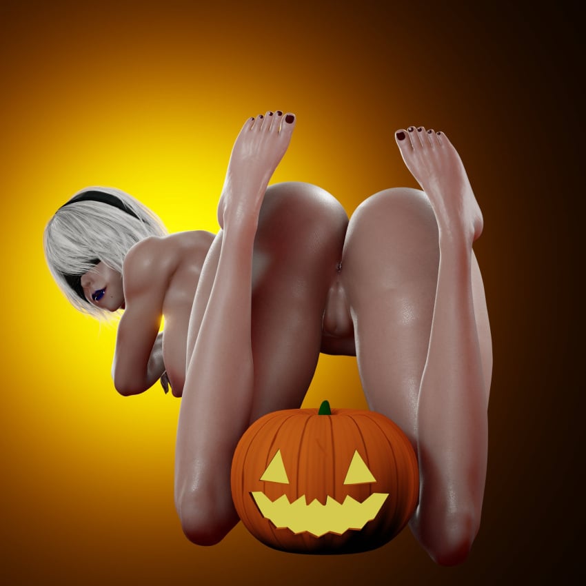 3d black_toenails blindfolded doomfella feet feet_up halloween_theme looking_back nier:_automata painted_toenails pumpkin simple_background yorha_2b