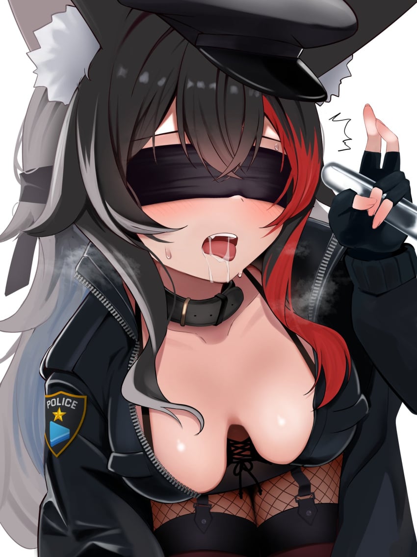 1girl big_breasts black_gloves black_hair blindfold breasts collar covered_nipples gloves hololive hololive_gen_2 hololive_japan multicolored_hair ookami_mio open_mouth police_hat police_uniform policewoman saliva virtual_youtuber wolf_ears wolf_girl