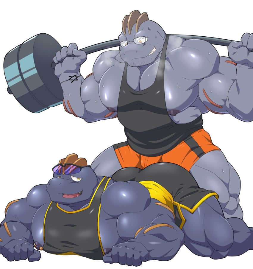 2boys ass clothing gay glasses grey_body husband_and_husband machoke maldu male male_on_male muscular muscular_male nipple_piercing nipples pokemon pokemon_(species) tattoo weights workout workout_clothes