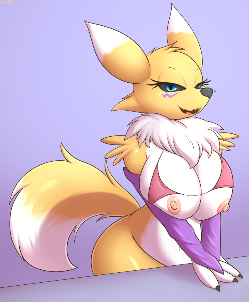 absurd_res an-tonio anthro bandai_namco big_breasts black_sclera bottomless breasts canid canine clothed clothing digimon digimon_(species) female fur hi_res huge_breasts looking_at_viewer mammal nipples nude open_mouth renamon simple_background solo wardrobe_malfunction white_body white_fur yellow_body yellow_fur