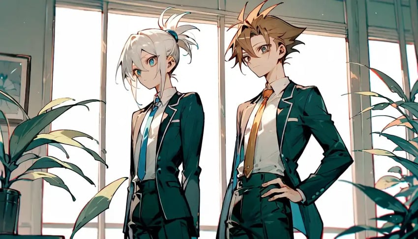 1femboy 2boys ai_generated daytime femboy hair_tied_back mahamoan mila_matsumoto plants suit_and_tie white_hair workplace