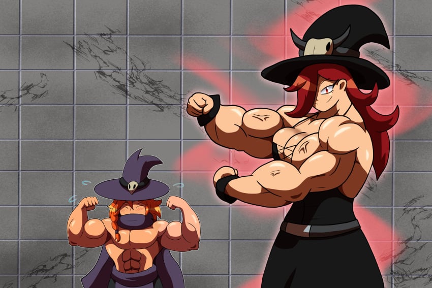 abs brielle_(metadoodles) female flexing flexing_arms male metadoodles muscular muscular_female muscular_male orange_hair original original_art original_artwork red_hair witch witch_hat