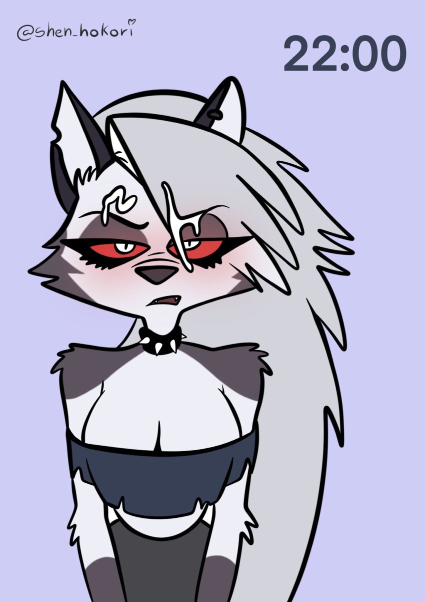 1girls anthro breasts canine cleavage cum cum_on_face demon demon_girl facial fangs female goth grey_body grey_fur grey_hair hellhound helluva_boss long_hair looking_at_viewer loona_(helluva_boss) multicolored_body multicolored_fur open_mouth red_sclera shen_hokori white_body white_fur wolf wolf_girl