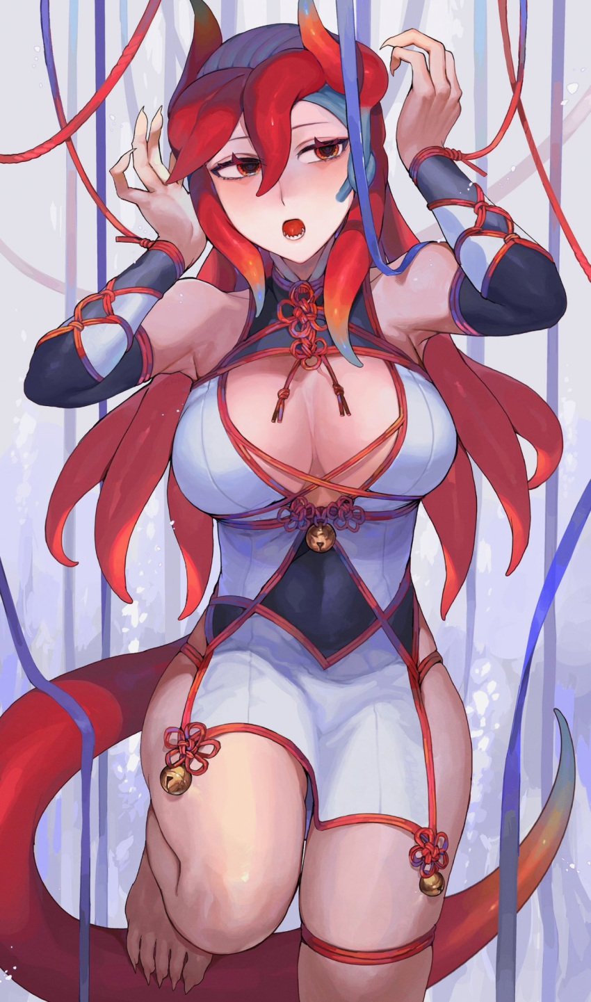 bell big_breasts dragon green_eyes huge_breasts huge_thighs humanoid long_hair oc original_character red_eyes red_hair sakoku shin_(sakoku) thighs