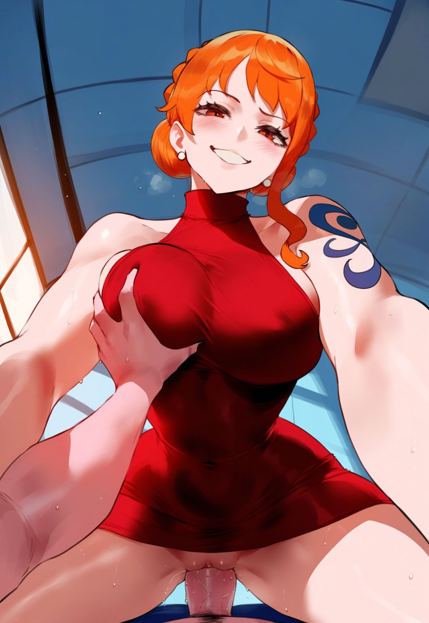 ai_generated breast_grab cowgirl_position dress female grabbing_another's_breast hard_nipples large_breasts looking_pleasured male monkey_d_luffy nami nami_(one_piece) official_alternate_costume one_piece sex sleeveless tattoo_on_arm tight_clothing tittyg-ai vaginal_penetration