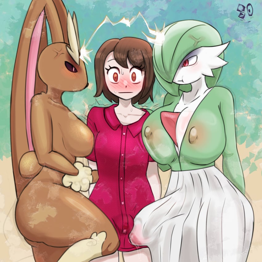 1female 2futas angry anthro anthro_on_human blush blush blushing_profusely breast_squeeze bulge bulge_through_clothing clothed competitive erection_under_clothes erection_under_clothing erection_under_skirt female futanari gardevoir gloria_(pokemon) human leaking_precum lopunny nipples nipples_visible_through_clothing nude pokémon_(species) pokemon pokemon_(species) precum souley69 sparks teasing_penis trio