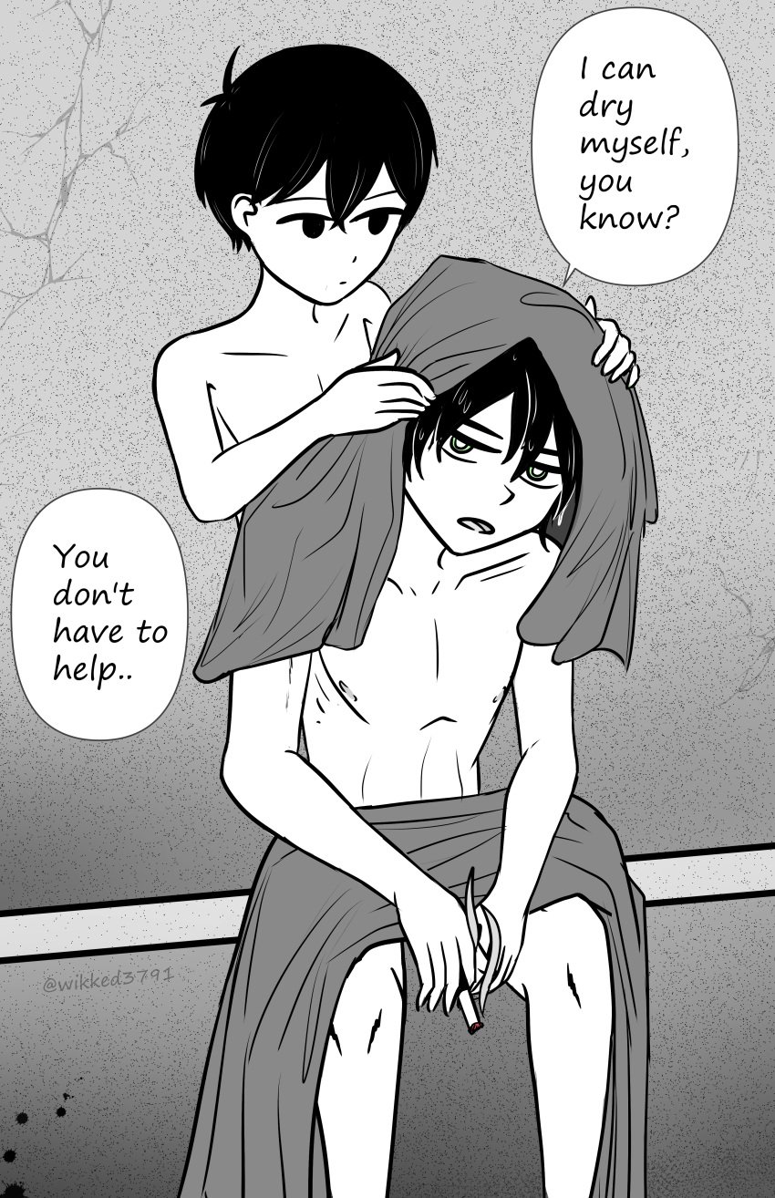 2boys andrew_graves bathroom black_hair blank_expression crossover dialogue drying_hair monochrome nude older_man_and_younger_boy omori omori_(character) pecs speech_bubble the_coffin_of_andy_and_leyley towel yaoi