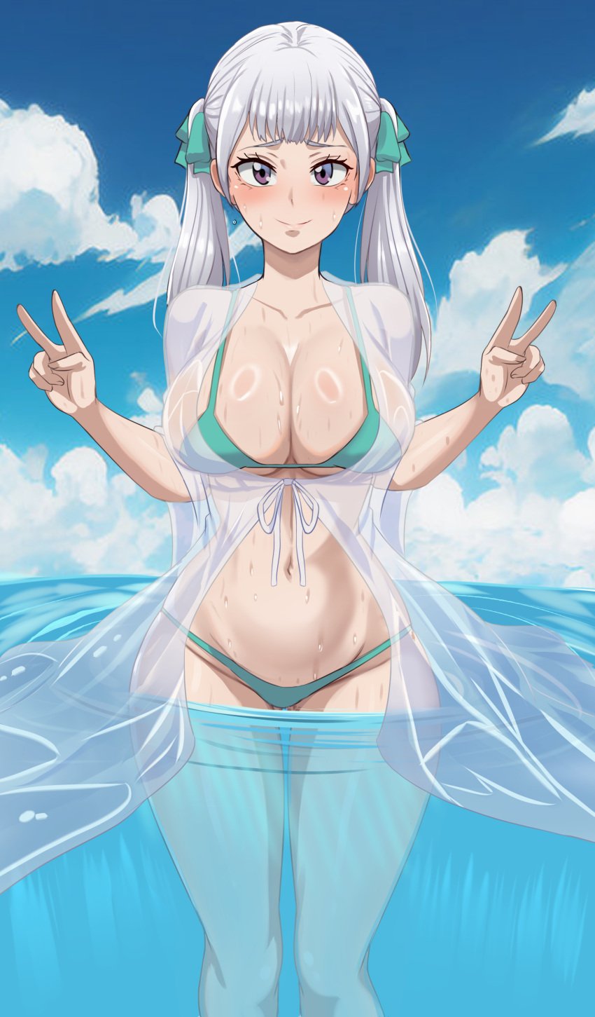 1girls absurd_res beach big_breasts bikini black_clover blush breasts double_v gigantic_breasts hi_res huge_breasts large_breasts looking_at_viewer micro_bikini noelle_silva ocean peace_sign purple_eyes royalty shiny_skin shirt silver_hair skimpy smile standing standing_in_water sweat the_amazing_gambit thick_thighs thighs twintails v water wet wet_clothes wet_skin wide_hips