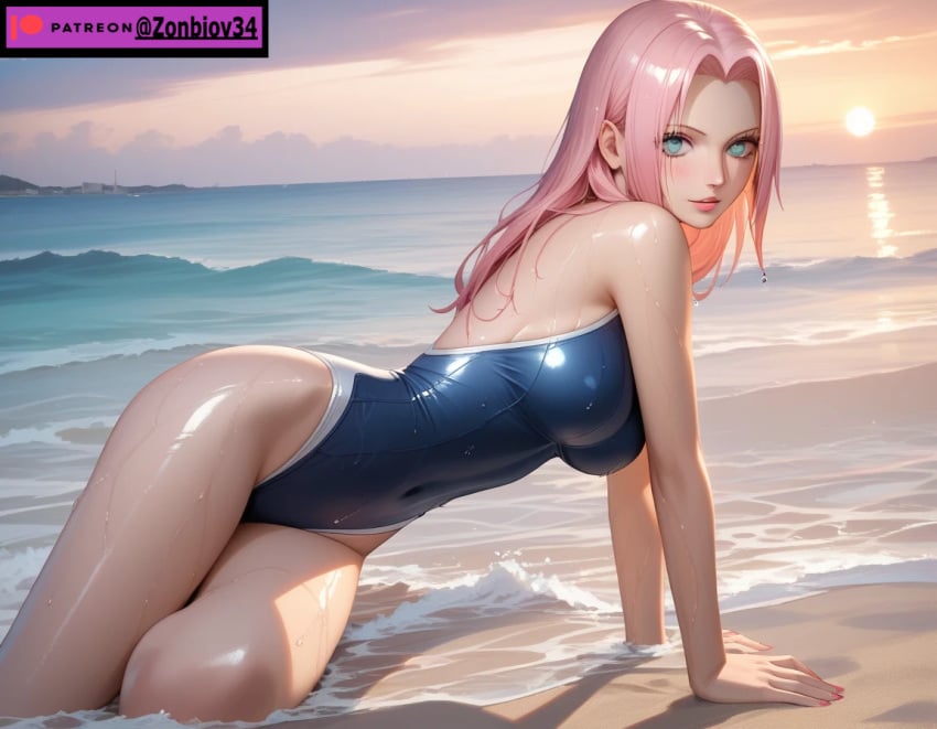 ai_generated anus_exposed beach beach_towel blonde_female blonde_hair blonde_hair_female exposed_ass hair_over_one_eye naruto naruto_(series) ponytail presenting_hindquarters presenting_pussy pussy_exposed ripped_clothing ripped_pants ripped_swimsuit sakura_haruno seaside short_hair swimsuit tagme