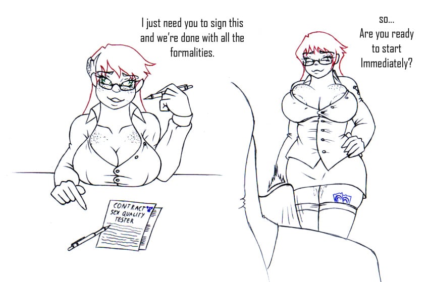 big_breasts clone comic condom condom_in_clothes condom_in_thighhighs cybernetics english_text female freckles freckles_on_breasts freckles_on_face galejro ginger ginger_hair glasses green_eyes huge_breasts kneesocks large_areolae large_breasts line_art long_gloves long_hair oc office office_clothing office_lady original_character red_hair shirt sketch smile smiling stockings swimsuit tights transparent_clothing zoei(galejro)