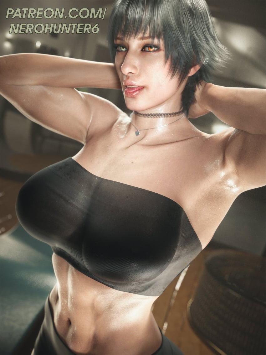 1girls 3d 3d_(artwork) athletic athletic_female big_breasts breasts devil_may_cry female female_only from_front_position front_view green_eyes heterochromia lady_(devil_may_cry) light-skinned_female light_skin medium_hair muscular muscular_female nerohunter6 red_eyes toned toned_female