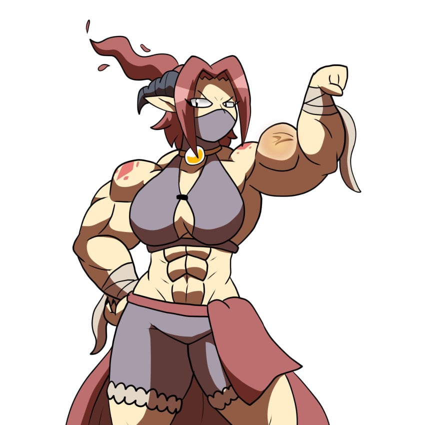 abs demon demon_girl demon_horns fanart fanart_from_twitter female female_focus female_only flexing flexing_arm flexing_bicep magima_(tag-a-long) masked masked_female metadoodles muscular muscular_arms muscular_female muscular_thighs original original_art original_artwork red_hair