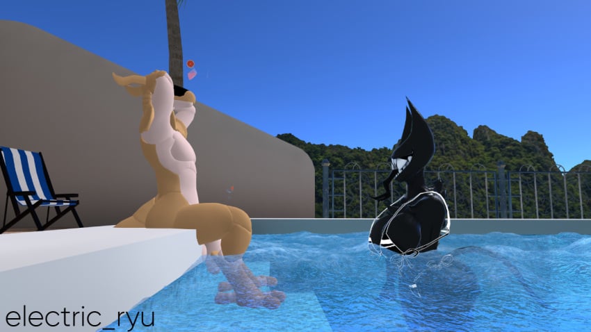 beast_darling_(cally3d) big_ass big_breasts bikini female furry_male pool synth_(vader-san) vrchat vrchat_avatar