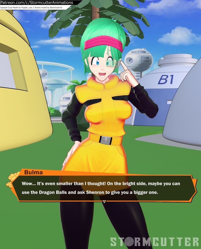 3d anime bulma_briefs bulma_briefs capsule_corp dragon_ball dragon_ball_z render scouter size_talk small_penis small_penis_humiliation sph teasing