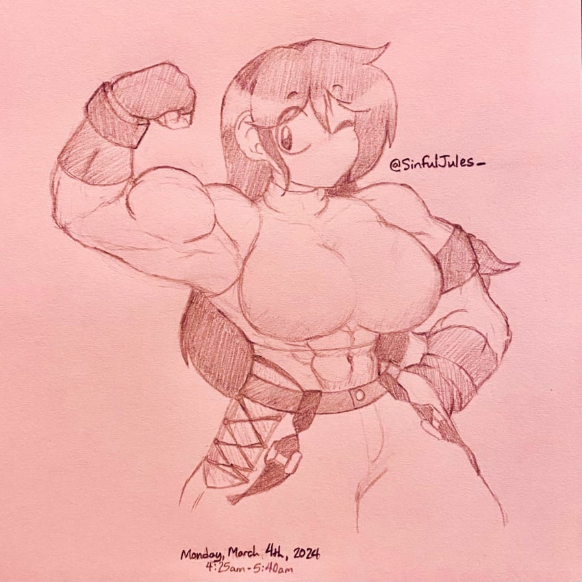 abs breast_outline female female_focus female_only flexing flexing_arm flexing_bicep marie_(tag-a-long) mime mime_girl mouthless mouthless_female muscle muscle_girl muscles muscular muscular_female original original_art original_artwork sketch sketchfuljules wink