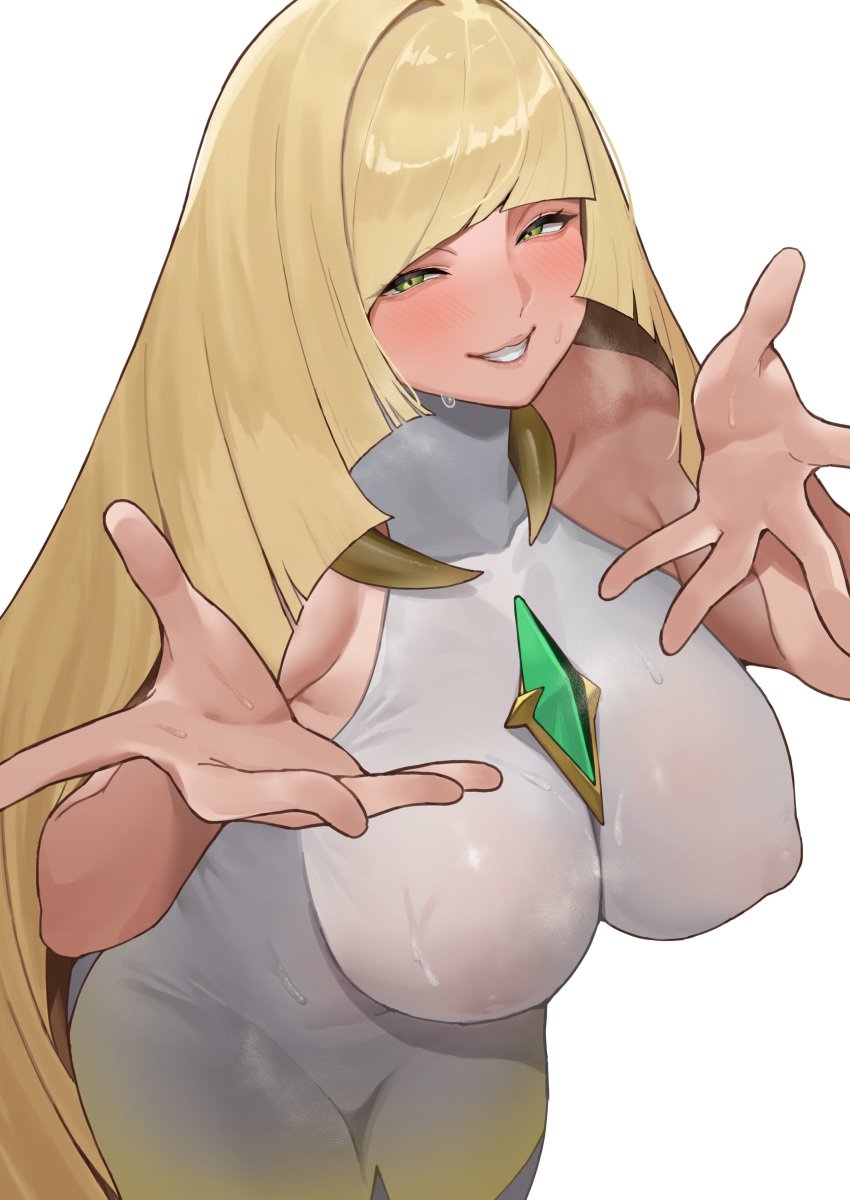 1girls 2d bare_shoulders big_breasts blonde_hair breasts creatures_(company) game_freak green_eyes highres large_breasts long_hair lusamine_(pokemon) mature_female mios1225 nintendo pokemon pokemon_sm simple_background sweat white_background