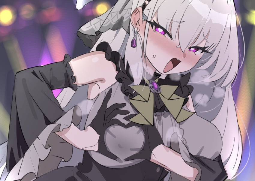 black_gloves black_hairband blue_archive blush breasts detached_sleeves dress earrings female gloves grey_hair hair_between_eyes hairband heart heart-shaped_pupils heart_hands highres jewelry large_breasts long_hair long_sleeves ocha_(popopogg) open_mouth purple_eyes sakurako_(blue_archive) sakurako_(idol)_(blue_archive) smile solo symbol-shaped_pupils upper_body wide_sleeves