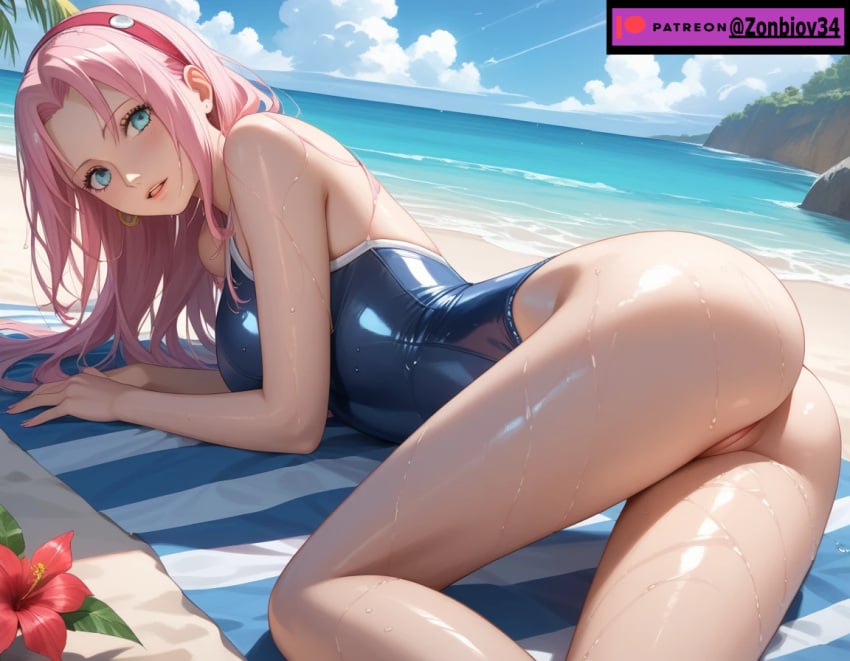 ai_generated anus_exposed beach beach_towel blonde_female blonde_hair blonde_hair_female exposed_ass hair_over_one_eye naruto naruto_(series) ponytail presenting_hindquarters presenting_pussy pussy_exposed ripped_clothing ripped_pants ripped_swimsuit sakura_haruno seaside short_hair swimsuit tagme zonbiov34