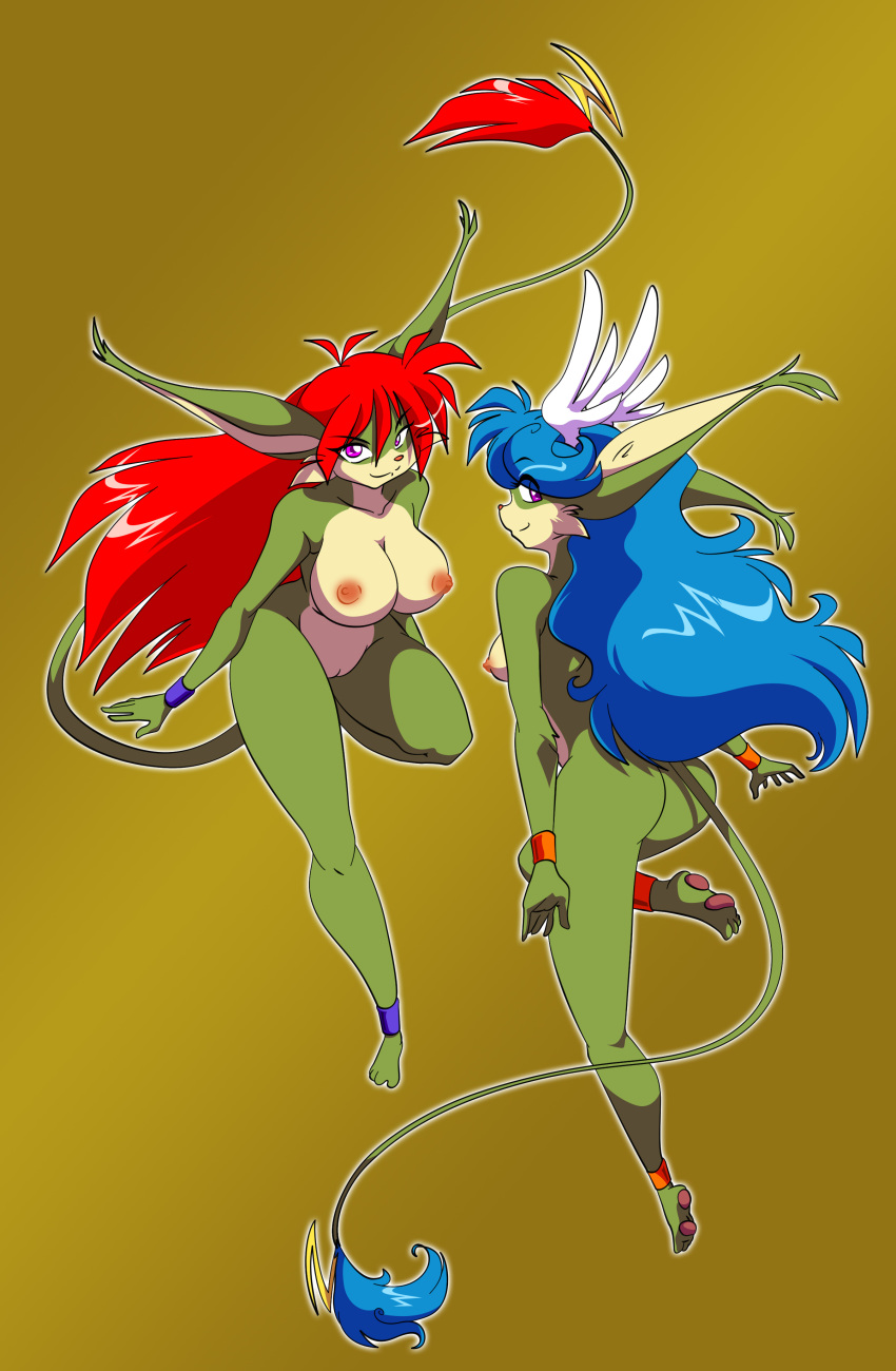 ass big_breasts blue_hair bracers breasts chalo din_(chalo) edit female green_fur hair imp jin_(chalo) las_lindas nipples nude pose purple_eyes pussy red_hair sibling sisters small_breasts twins