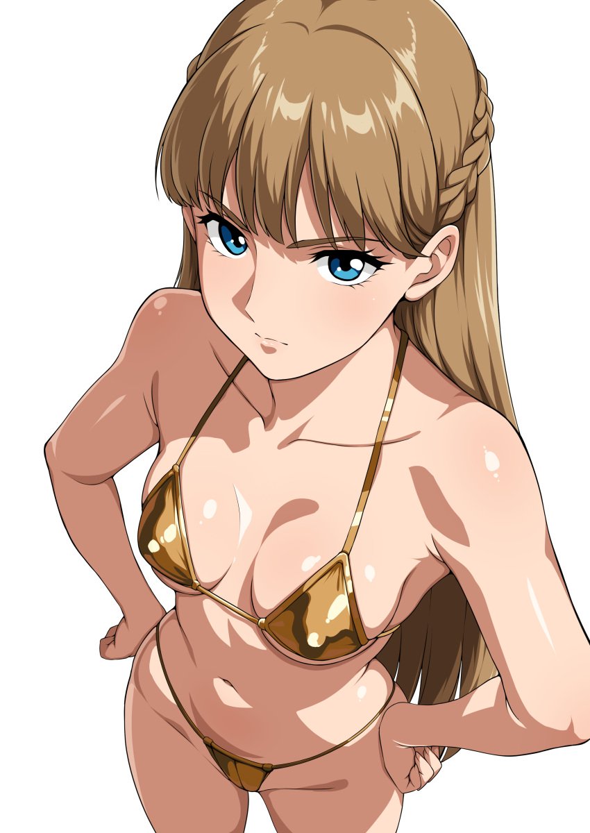 1girls absurd_res big_thighs bikini blue_eyes breasts erect_nipples erect_nipples_under_bikini erect_nipples_under_clothes female female_only gold_bikini gundam gundam_wing hi_res huge_thighs jabara_tornado large_thighs long_hair looking_at_viewer navel nipples_visible_through_clothing relena_peacecraft swimsuit thick_thighs thighs voluptuous white_background