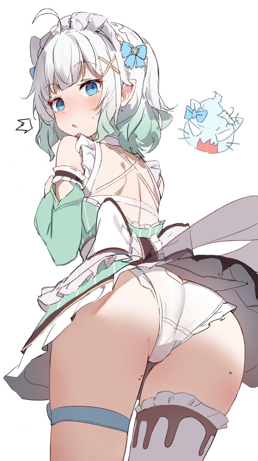 ahoge ass bangs bare_shoulders blue_eyes blush bow cowboy_shot detached_sleeves dress eyebrows_visible_through_hair female frills from_behind hair_ornament hairbow leg_garter long_sleeves looking_at_viewer looking_back maid maid_headdress mint_fantome multicolored_hair panties pleated_skirt puffy_sleeves silver_hair simple_background skirt sleeveless solo standing striped sweat thigh_strap thighhighs underwear virtual_youtuber white_background white_panties