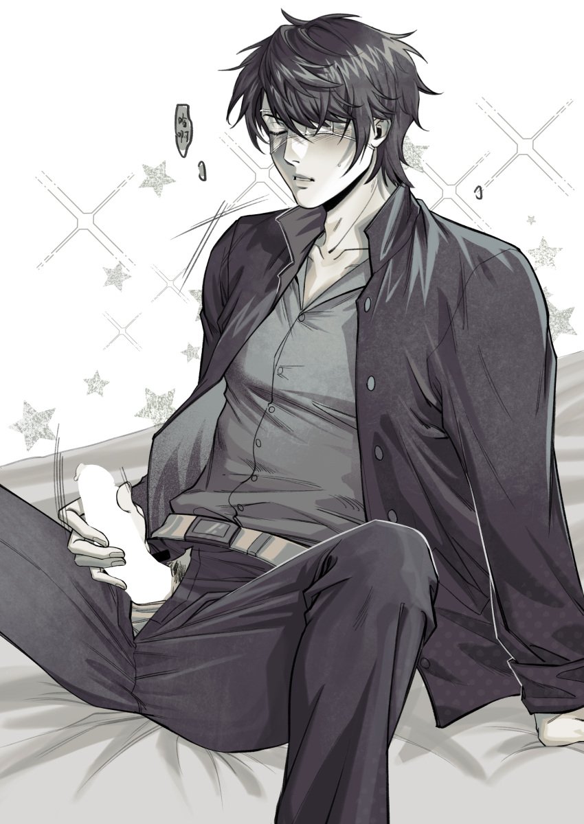 blush censored class_3-z erection eye_patch fully_clothed gakuran gintama hair_over_one_eye male male_only masturbation monochrome official_alternate_costume open_pants penis penis_out school_uniform sitting solo spread_legs sweatdrop takasugi_shinsuke takasugimatako