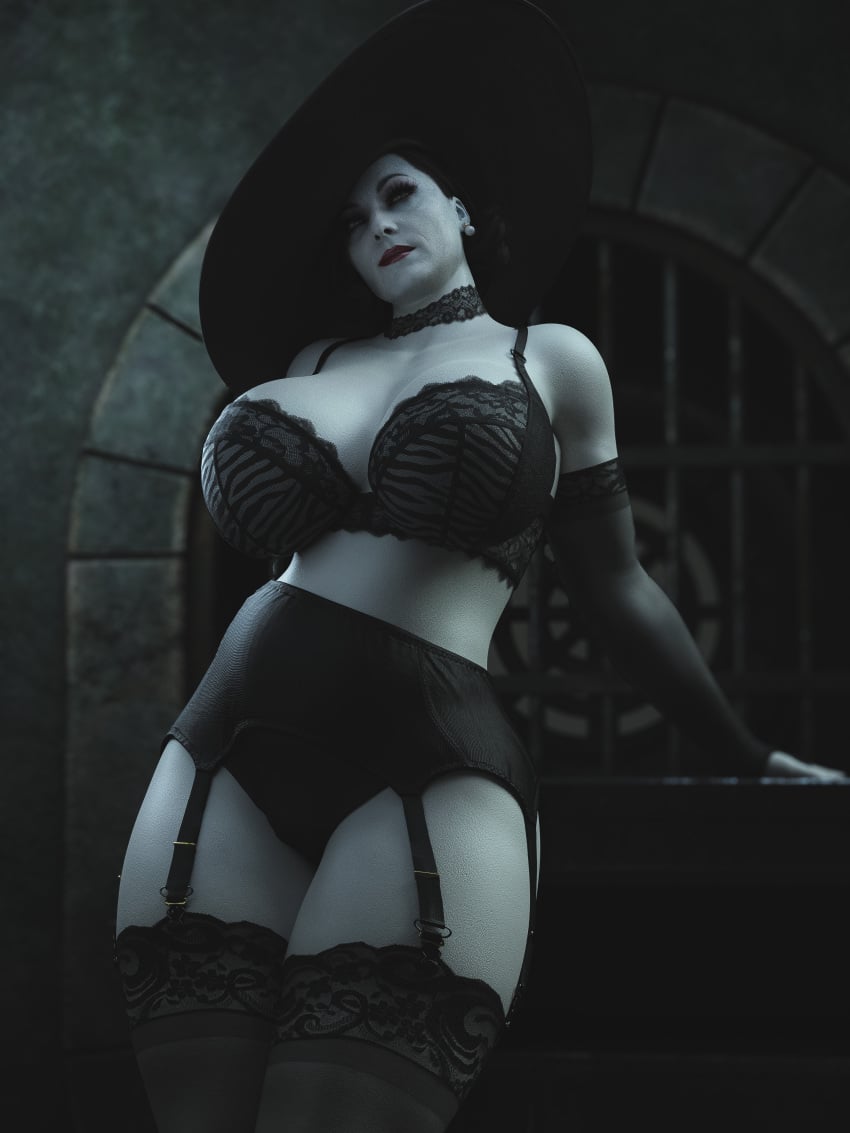 3d_(artwork) alcina_dimitrescu big_breasts bust curvy hat hi_res huge_breasts lingerie milf pale_skinned_female perfect_body plague_of_humanity_(artist) resident_evil resident_evil_8:_village taller_female thick_legs thick_thighs thighhighs