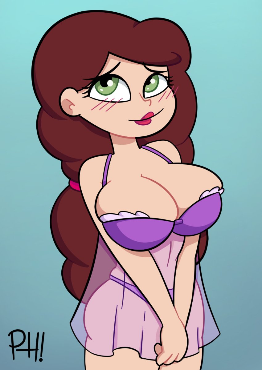 1girls angie_diaz big_breasts blush breasts brown_hair clothed clothed_female clothing disney_xd female female_only green_eyes human human_only lingerie lingerie_only lipstick long_hair looking_up milf phantomnsfw purple_lingerie red_lipstick smile solo star_vs_the_forces_of_evil