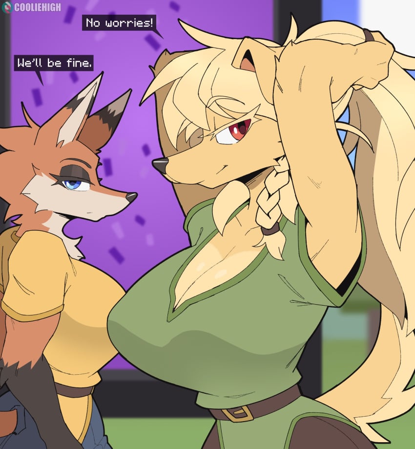 anthro breasts canid canine clothed clothing cooliehigh duo eyelashes female fox fur male male/female mammal pupils text topwear