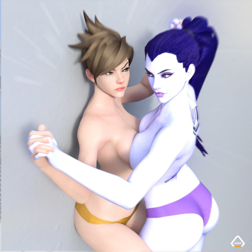 3d 3d_(artwork) anorcorner breasts_pressed_against_partner breasts_pressed_together catfight enemies fight fighting hand_holding hate lena_oxton overwatch overwatch_2 panties purple_hair purple_skin rivals staredown struggling topless tracer widowmaker yuri