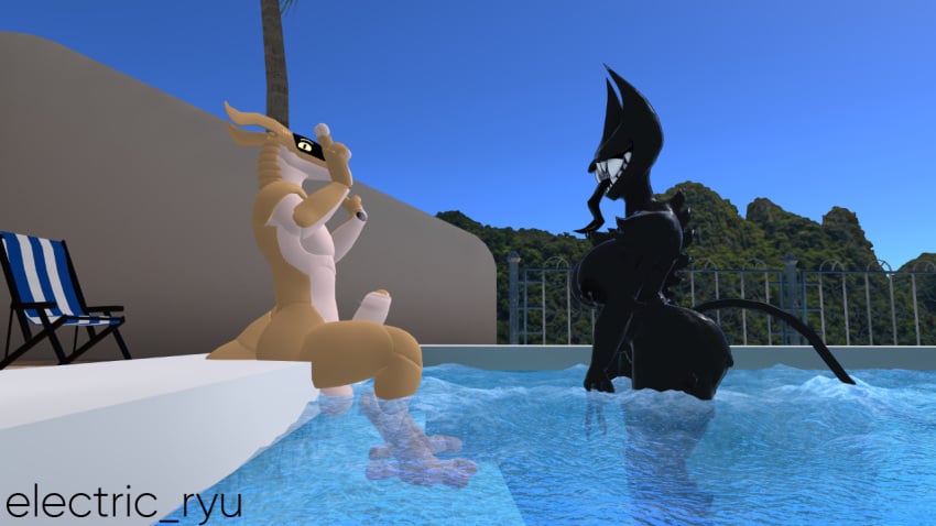 beast_darling_(cally3d) big_ass big_breasts dick female furry_male nude_female nude_male pool synth_(vader-san) vrchat vrchat_avatar