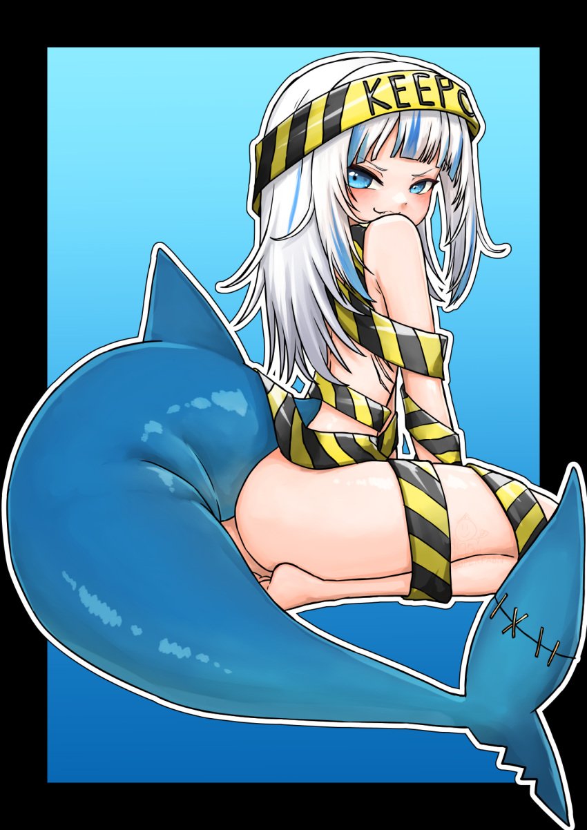 ass ass_focus back back_view female flat_chest gawr_gura hololive hololive_english hololive_myth multicolored_hair pose posing shark_girl shark_tail smaller_female virtual_youtuber