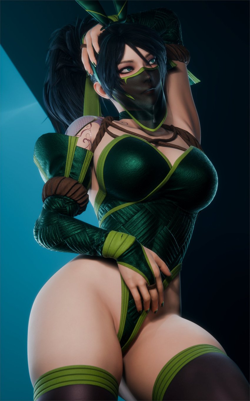 1girls 2024 3d akali akali_(league_of_legends) alternate_body_type arm_on_head arm_tattoo arm_warmers big_breasts big_hips big_thighs bloo3d clothed clothed_female curvaceous curvaceous_female dark_green_nail_polish eyeliner female female_only green_eyes green_nail_polish hand_on_crotch high_ponytail league_of_legends legs_apart leotard long_fingernails long_hair looking_to_the_side nail_polish painted_nails ribbon see-through_veil shoulder_pad simple_background skindentation solo standing thigh_highs thigh_skindentation thighhighs thighs tied_hair veil very_long_hair